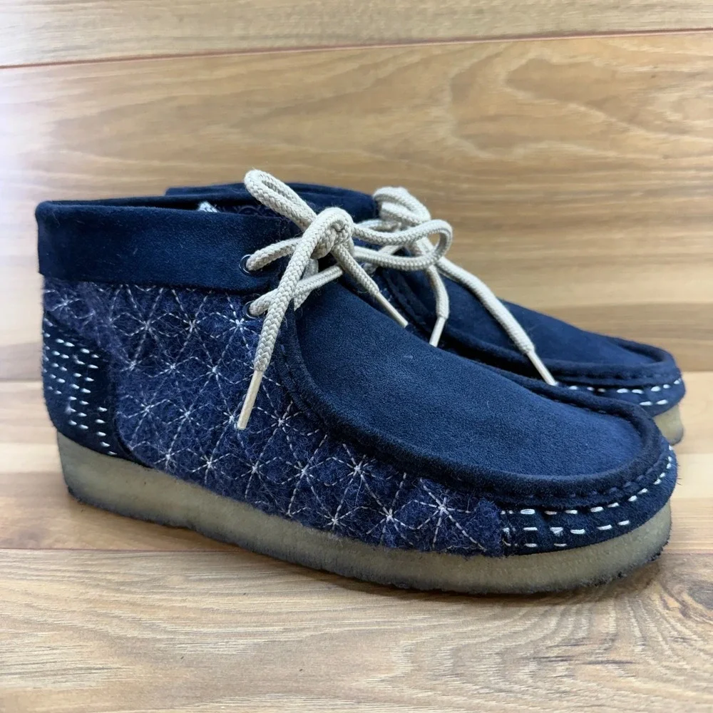 Clarks Wallabee Originals Sashiko Navy Mens 8 Blue Suede Wool Moc Toe Desert